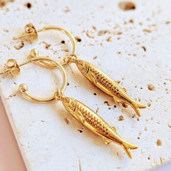 Sardine Charm Gold Plated Or Silver Tone Hoop Earrings, 4 of 5