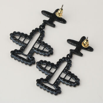 Black Dangle Plane Earrings With Crystal Details, 4 of 4
