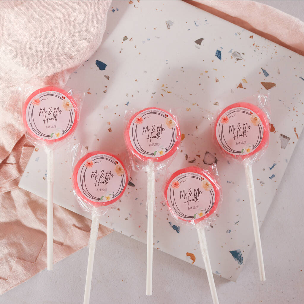 Personalised Floral Wreath Wedding Favour Lollipops, 1 of 6