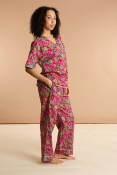 Indian Cotton Fuchsia Freesia Print Pyjama Set, 3 of 4