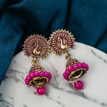 Red Intricate Peacock Colourful Asian Bridal Jhumkis, 6 of 7