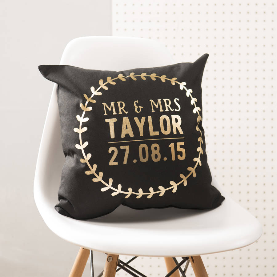 personalised black and gold wedding details cushion by oakdene designs