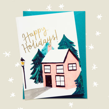 Snowy Cottage Illustrated Christmas Card, 3 of 5