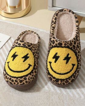 Women's Leopard Print Slippers With Happy Face Design, 3 of 4