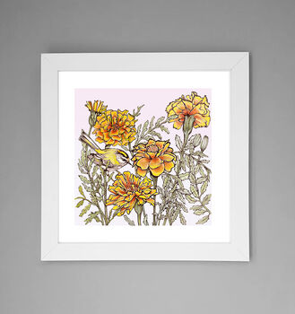'Firecrest And Marigolds' Print, 2 of 3