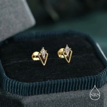 Sterling Silver Art Deco Inspired Tiny Rhombus Cz Internally Threaded Flat Back Earrings, 4 of 9