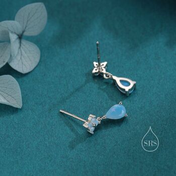 Sterling Silver Four Cz And Droplet Stud Earrings With Opal Blue C Zs, 6 of 12