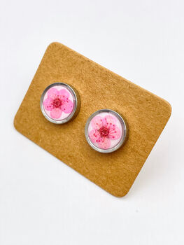 Ear Studs With Pink Flowers In White Lacquer, 5 of 10