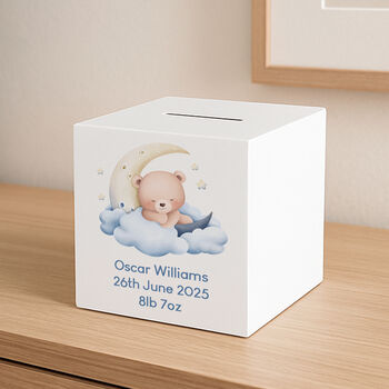 Personalised Sleeping Teddy Blue Wooden Money Box, 3 of 3