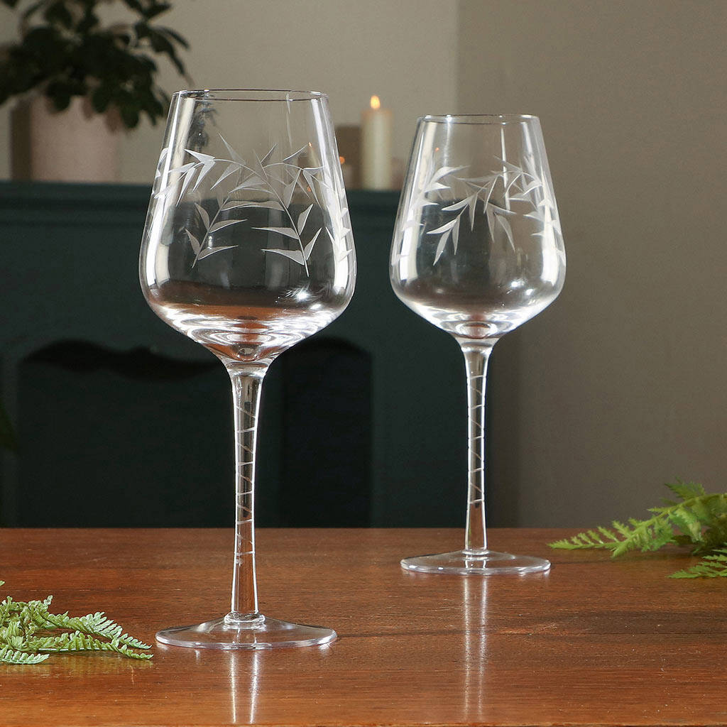 Two Etched Vines Wine Glasses Set By Dibor