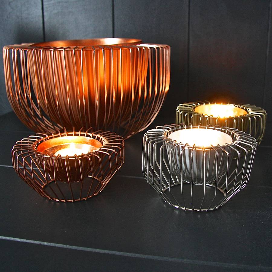 Three Wire Tealight Holders In Gold Copper And Steel By London Garden