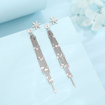 Snowflake Dangle Drop Stud Earrings In Sterling Silver With Sparkle Tassels, 4 of 10