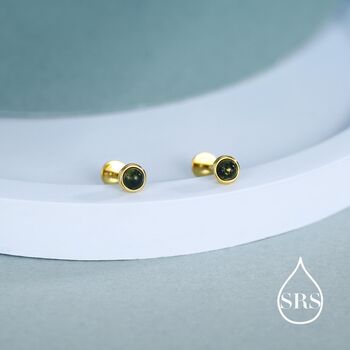 4mm Natural Moss Agate 16 G Flat Back Earrings In Sterling Silver, 4 of 11