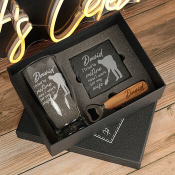Personalised 'Now I work for my wife' Retirement Pint Glass And Gift Set, 6 of 7