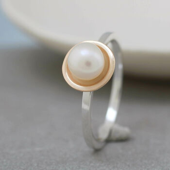 Silver And 9ct Gold Pearl Ring. Dainty Stacking Ring, 4 of 10