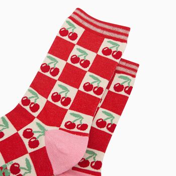 Women's Bamboo Socks Cream/Red, Cherry Squares, 3 of 4