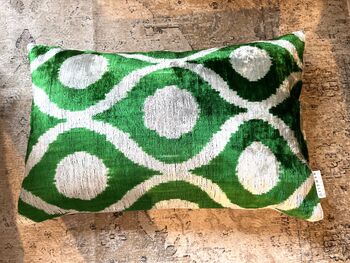 Oblong Velvet Ikat Cushion Dark Green Bulbous, 11 of 11