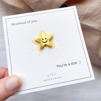 Gold Star Smiley Face Enamel Pin And Card | Well Done Child Gift | Exam Results Reward, 2 of 10