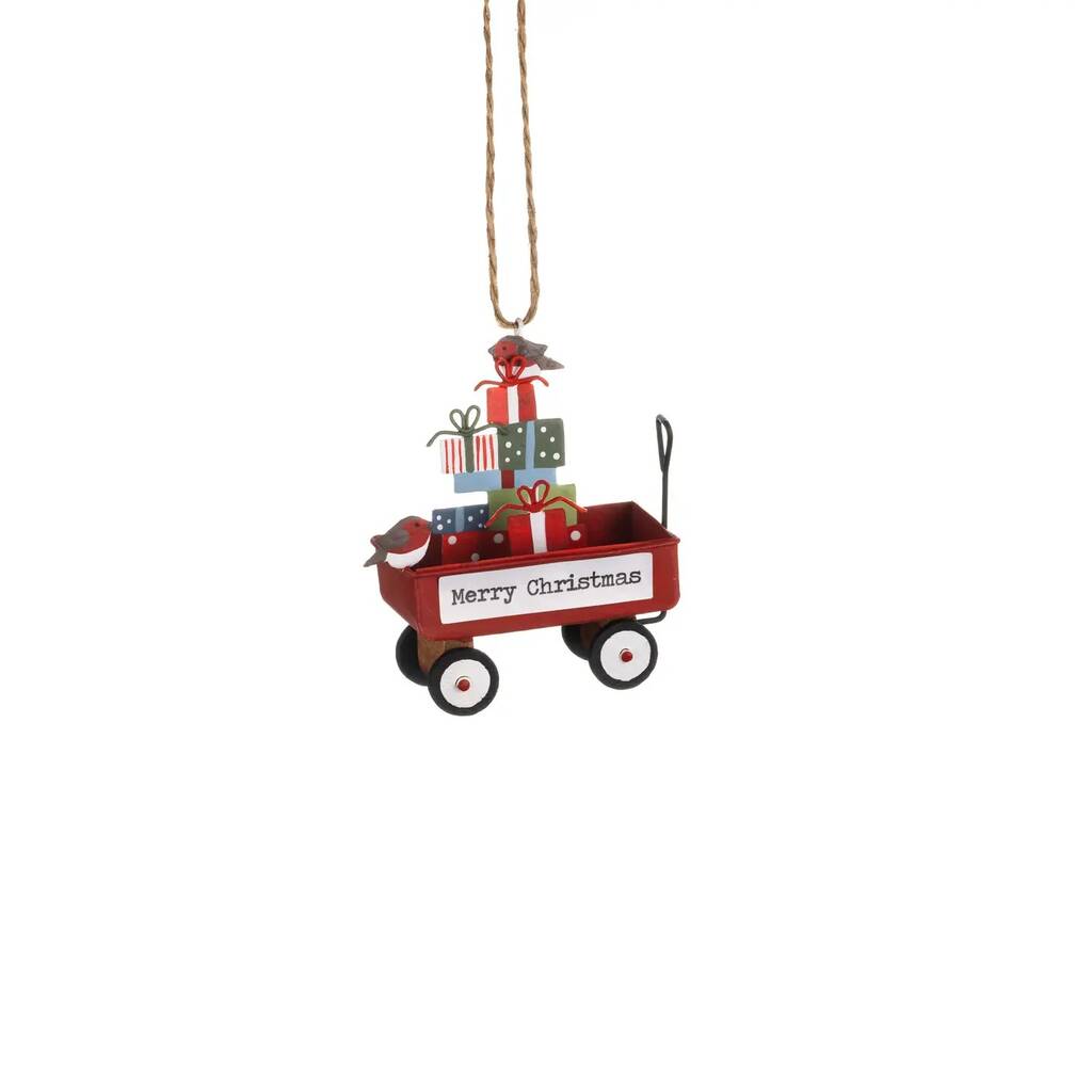 Christmas Robin And Gifts On Cart Hanging Decoration, 1 of 1