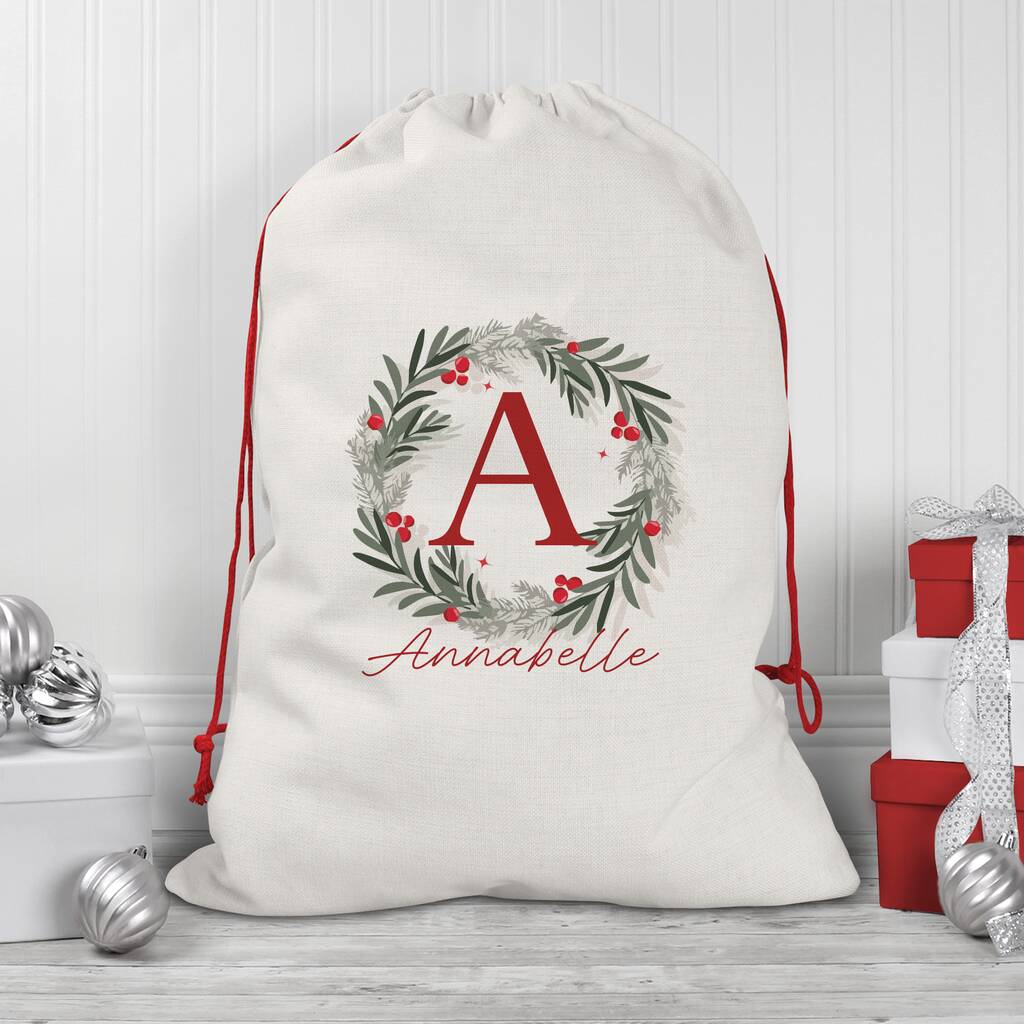 Personalised Wreath Christmas Santa Sack
