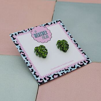 Green Monstera Leaf Glitter Resin Stud Earrings, 2 of 4