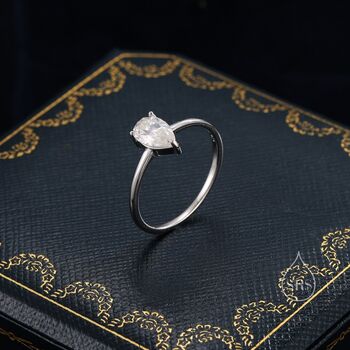 Sterling Silver One Carat Pear Cut Moissanite Diamond Classic Single Stone Engagement Ring, 3 of 9