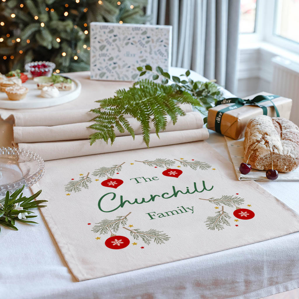Festive Baubles Personalised Christmas Table Runner, 1 of 5