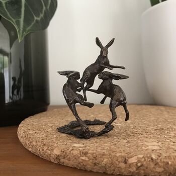 Miniature Bronze Dancing Hares Sculpture 8th Bronze, 9 of 11