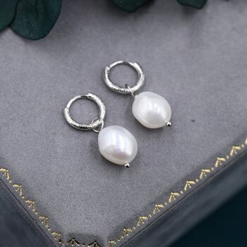 Baroque Pearl With Skinny Hammered Hoop Earrings, 4 of 11