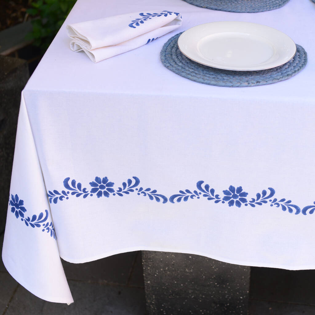 White Tablecloth With Navy Blue Border, 1 of 3