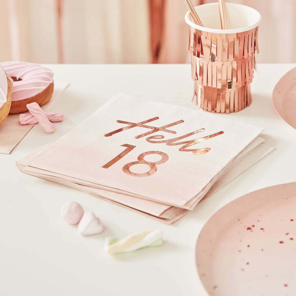 Hello 18th Birthday Party Napkins Rose Gold, 1 of 2