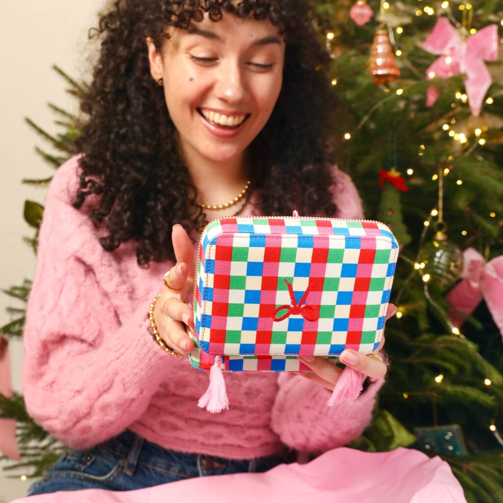 Multi Bright Checkerboard Linen Travel Jewellery Case, 1 of 8