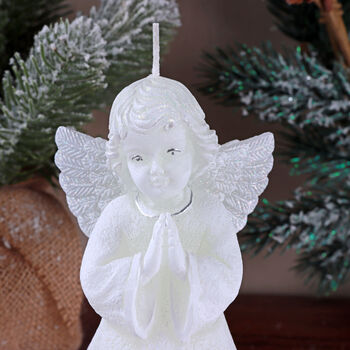G Decor White Angel Art Candle Hand Finished With Snowflake Dress Decorative Wax Figure Symbol Of Blessings And Good Wishes, 3 of 8