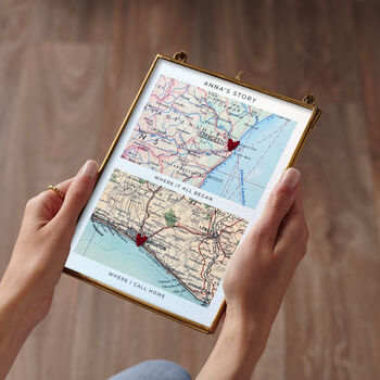 Personalised Map Picture With Two Hand Stitched Hearts, 2 of 4