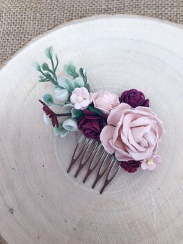 Burgundy And Blush Flower Hair Comb, 3 of 3