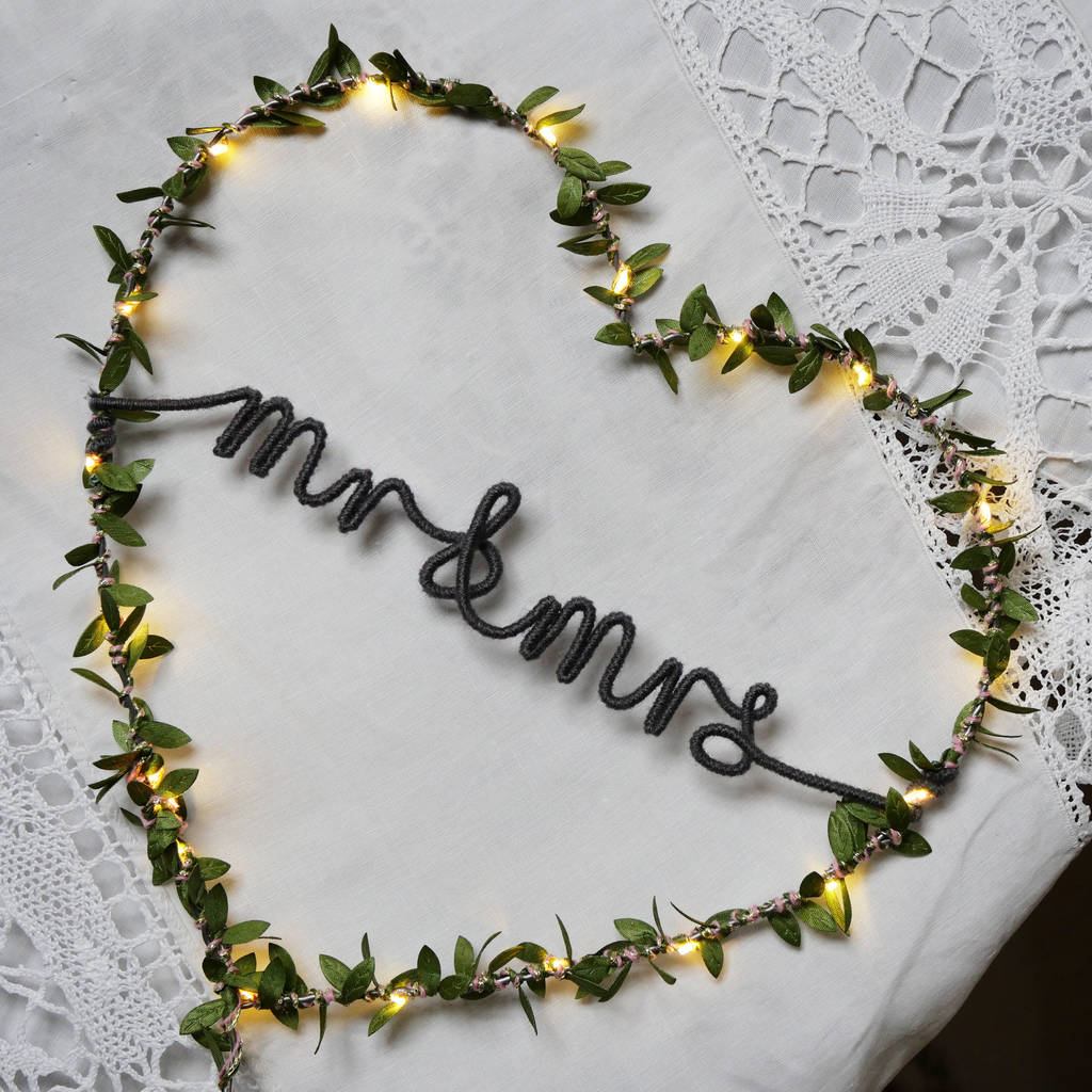 Mr And Mrs Fairy Light Leaf Heart Sign Wedding Gift, 1 of 5