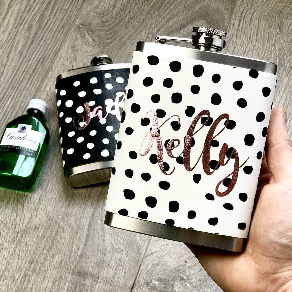 Personalised Black And White Spot Hip Flask, 1 of 3