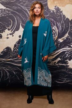 Origami And Hokusai Wave Embroidered Deep Teal Long Kimono, 2 of 12