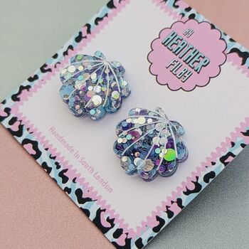 Sea Shell Glitter Resin Stud Earrings Pink, Blue And Coral, 8 of 12