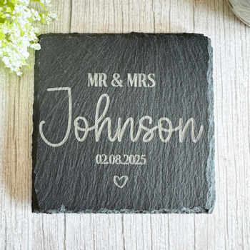 Personalised Slate Wedding Coaster Mr And Mrs Gift, 5 of 7