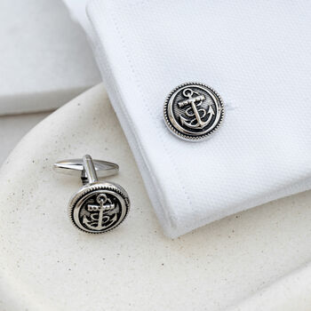 Fouled Anchor Rhodium Plated Round Cufflinks, 5 of 6