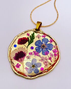 Pressed Flowers Round Gold Necklace Medium Hand Made, 3 of 11