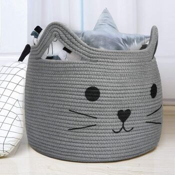 Cotton Rope Storage Cat Grey Nursery Laundry Basket, 3 of 4