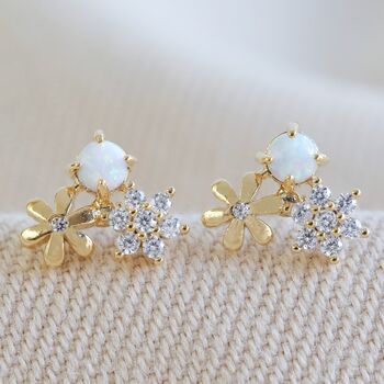 Double Flower Stud Earrings With Opal In Gold Plating, 2 of 5