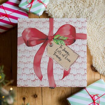 Personalised Wooden Christmas Eve Gift Box With Red Bow And Personalised Tag, 2 of 5