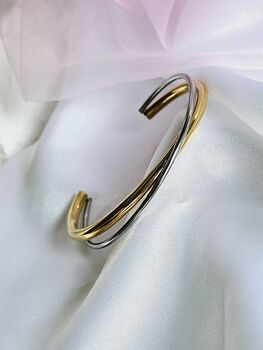 Two Tone Minimalist Open Cuff Bangle 18 K Gold And Silver Plated Stainless Steel Bracelet Everyday Wear Jewellery Gift, 5 of 6