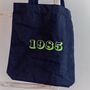 Blue Tote With Neon Green Year Of Birth Embroidery, thumbnail 2 of 3