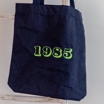 Blue Tote With Neon Green Year Of Birth Embroidery, 2 of 3