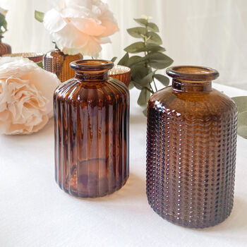 Set Of Two Amber Pressed Glass Bottle Vases Florence, 10 of 11