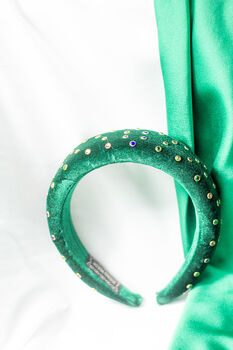 Plush Velvet Rainbow Diamante Headband In Green, 4 of 4